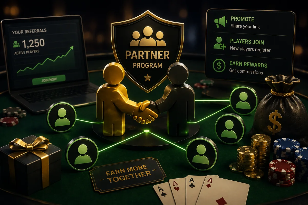 Illustration of the Partner Program: two figures shaking hands beneath a shield badge, linked to a network of referred players, next to a sample dashboard panel showing referral stats and an "Earn More Together" plaque