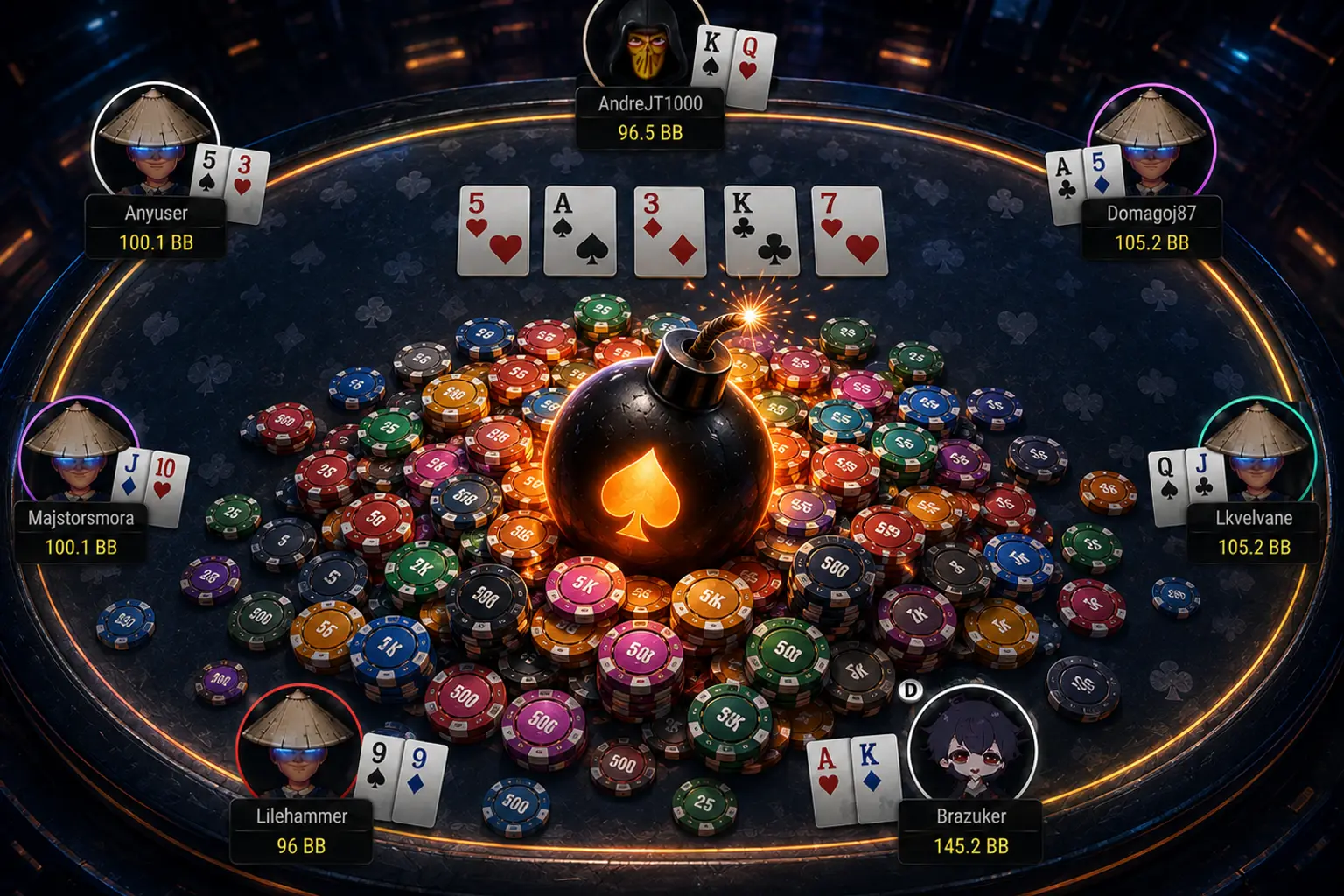 A poker table piled high with chips around a glowing bomb sitting in the middle of the pot