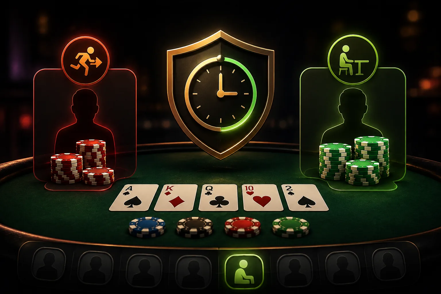 A shield-clock icon between two players at a poker table, one flagged to leave and one staying seated