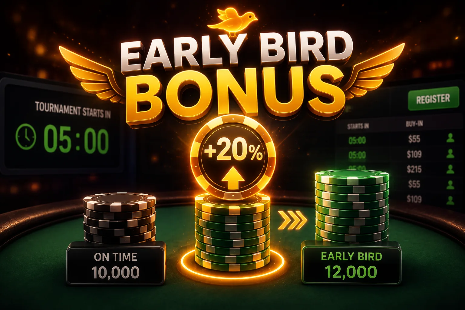 An "Early Bird Bonus" graphic showing a larger starting chip stack for players who register before a tournament begins
