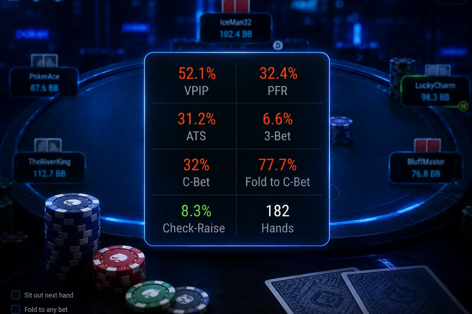 A HUD overlay of opponent stats — VPIP, PFR, 3-bet and more — floating above an online poker table