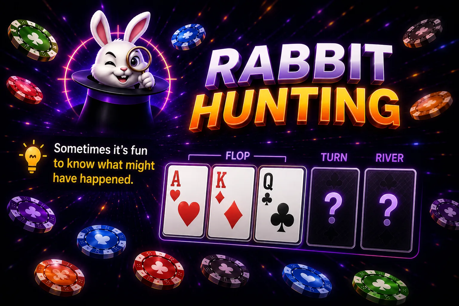An animated rabbit peers through a magnifying glass beside a poker table showing the flop, with the turn and river still hidden