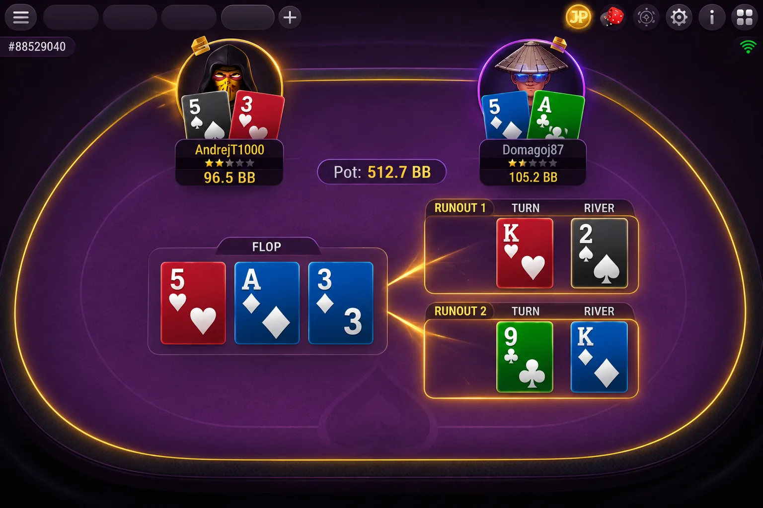 An online poker table showing two separate board runouts dealt side by side after an all-in
