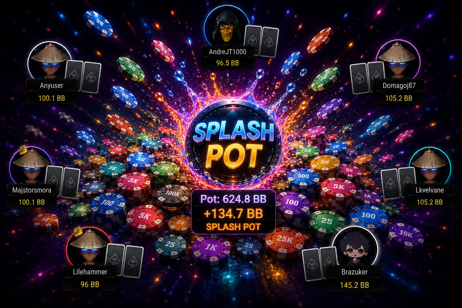 A burst of chips and a glowing "Splash Pot" logo exploding above an online poker table