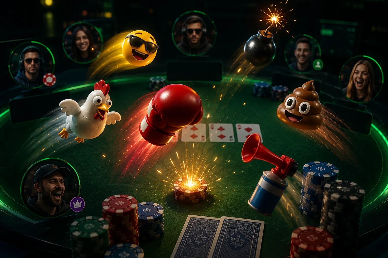 Animated throwables — a chicken, boxing glove, air horn and emoji — flying across an online poker table