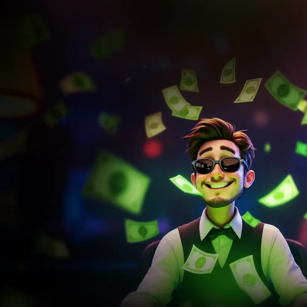 An illustrated player in sunglasses smiling as banknotes rain down around him