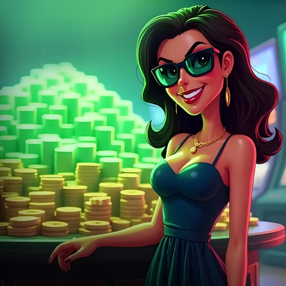 An illustrated player in sunglasses standing beside a towering pile of green and gold chips