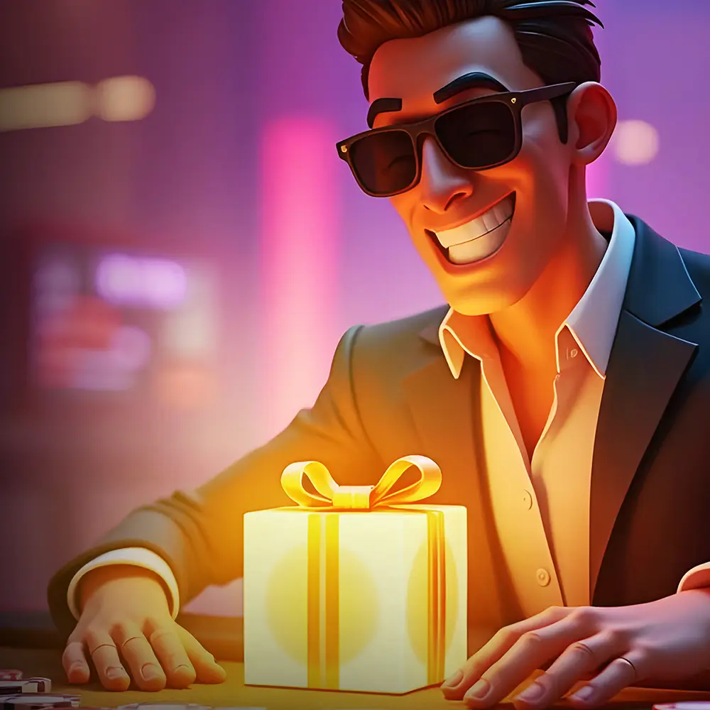 An illustrated player in a suit and sunglasses grinning as he slides a gold-ribboned gift box across the table