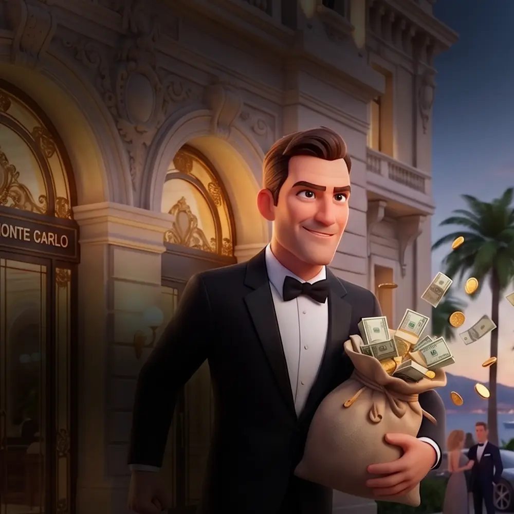 An illustrated player in a tuxedo carrying a money bag out of the Monte Carlo casino