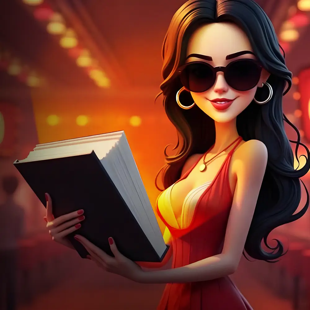 An illustrated player in sunglasses holding open a large book under the lights of a card room