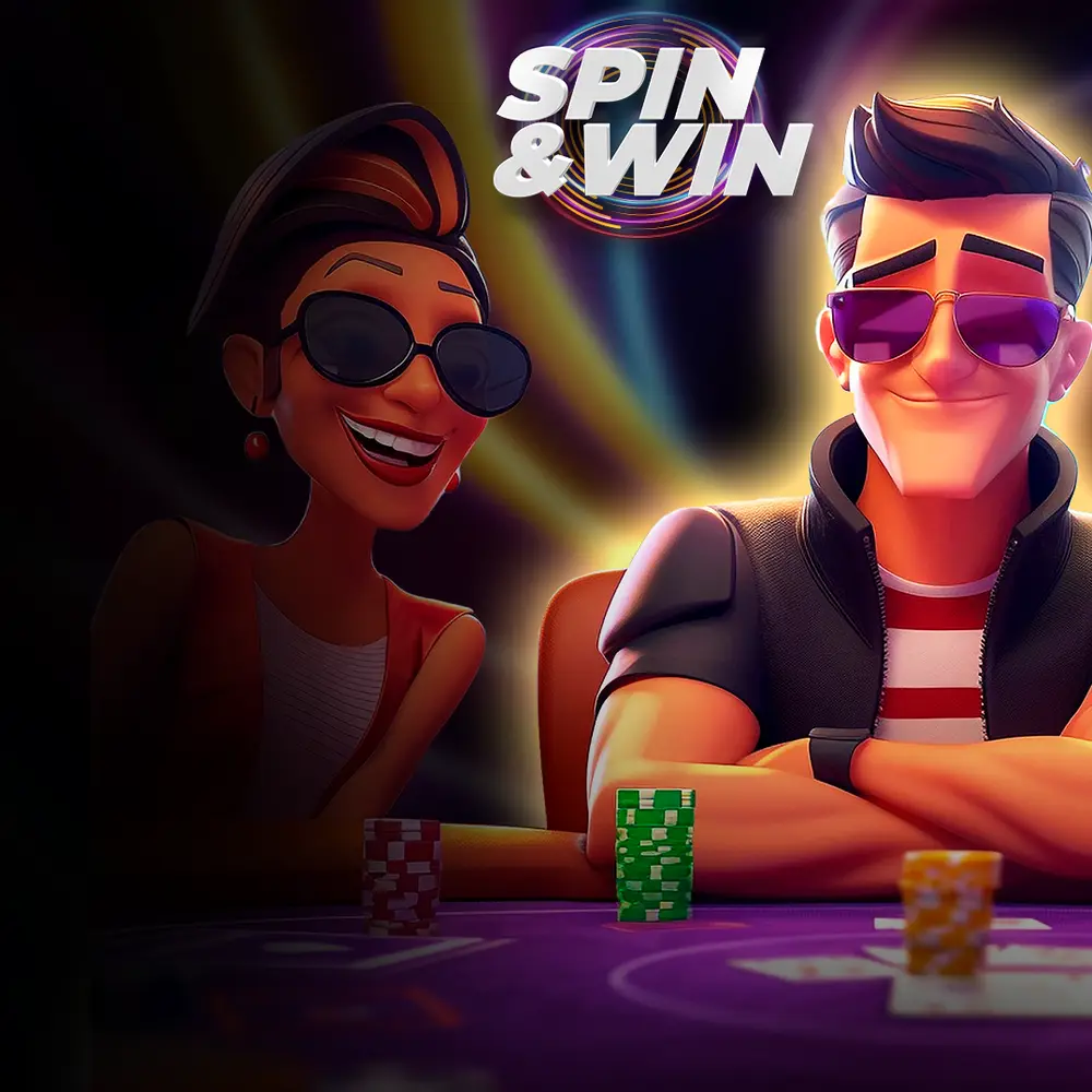 Two illustrated players at a poker table beneath a Spin & Win logo